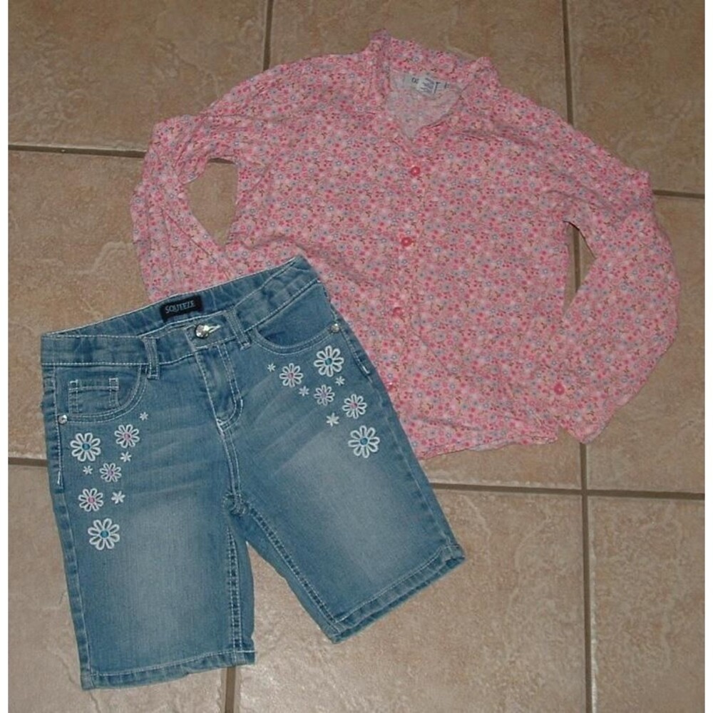 Girls Sz 6X Pink Floral Button Up Shirt & Denim Bermuda Shorts 2 Pc Lot OSH KOSH